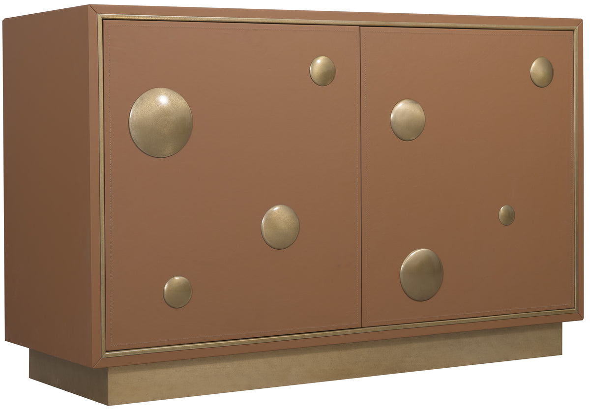 a brown cabinet with circles on it