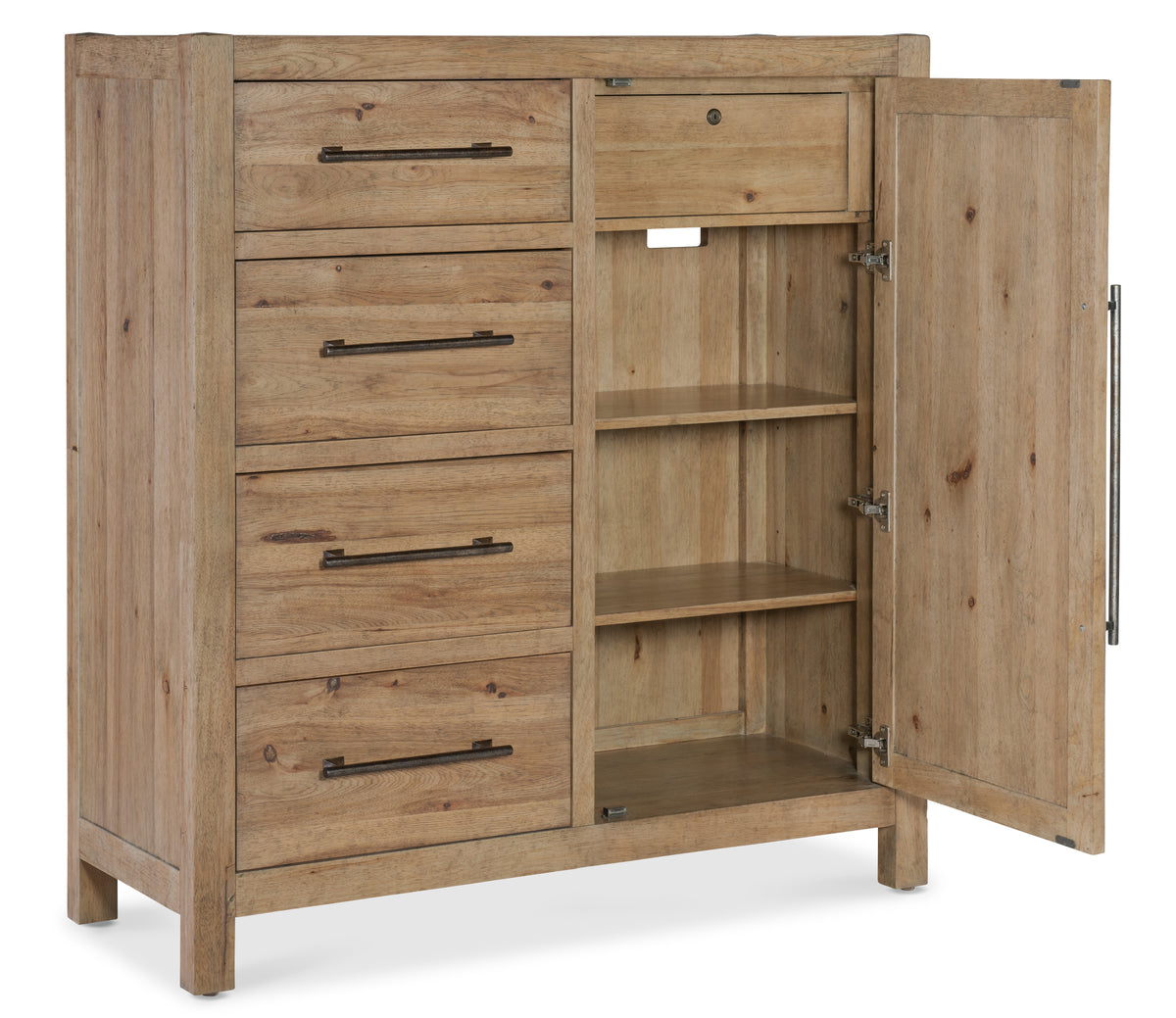a wooden cabinet with open doors