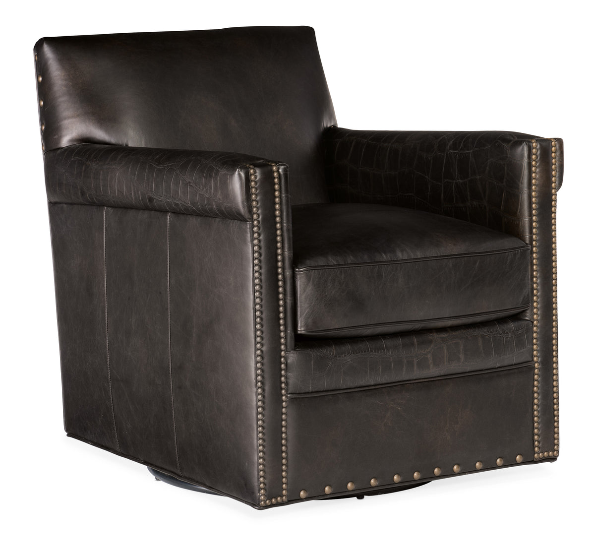 a black leather chair with gold studs