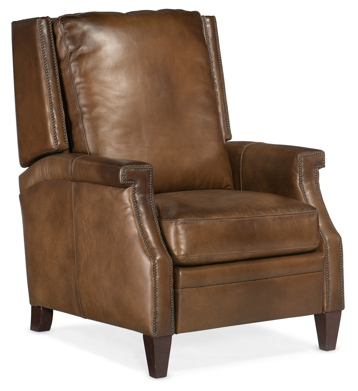 a brown leather chair with wooden legs