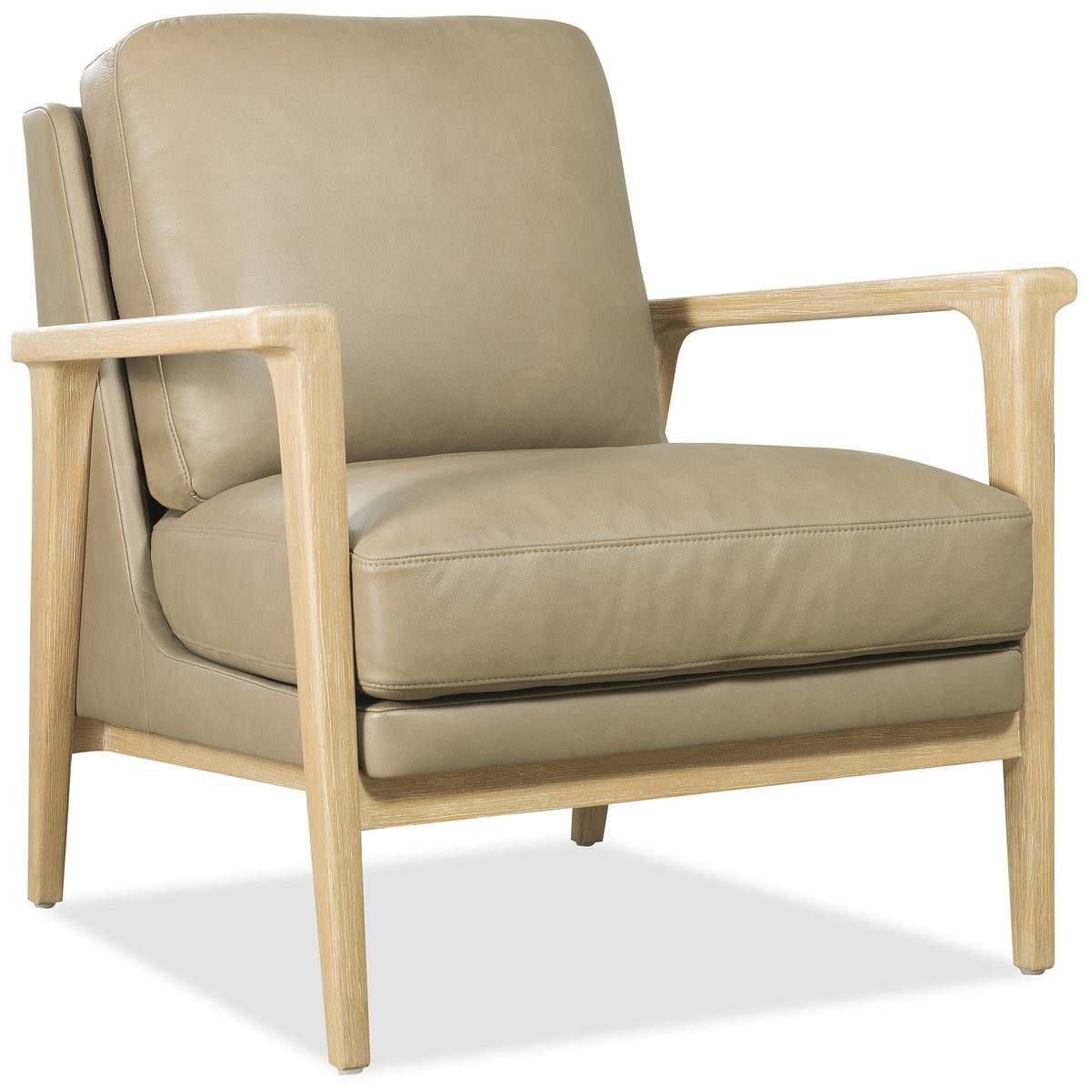 a tan chair with wooden armrests