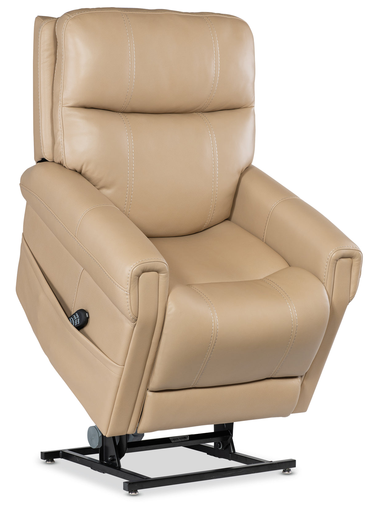 a tan recliner chair with a remote control