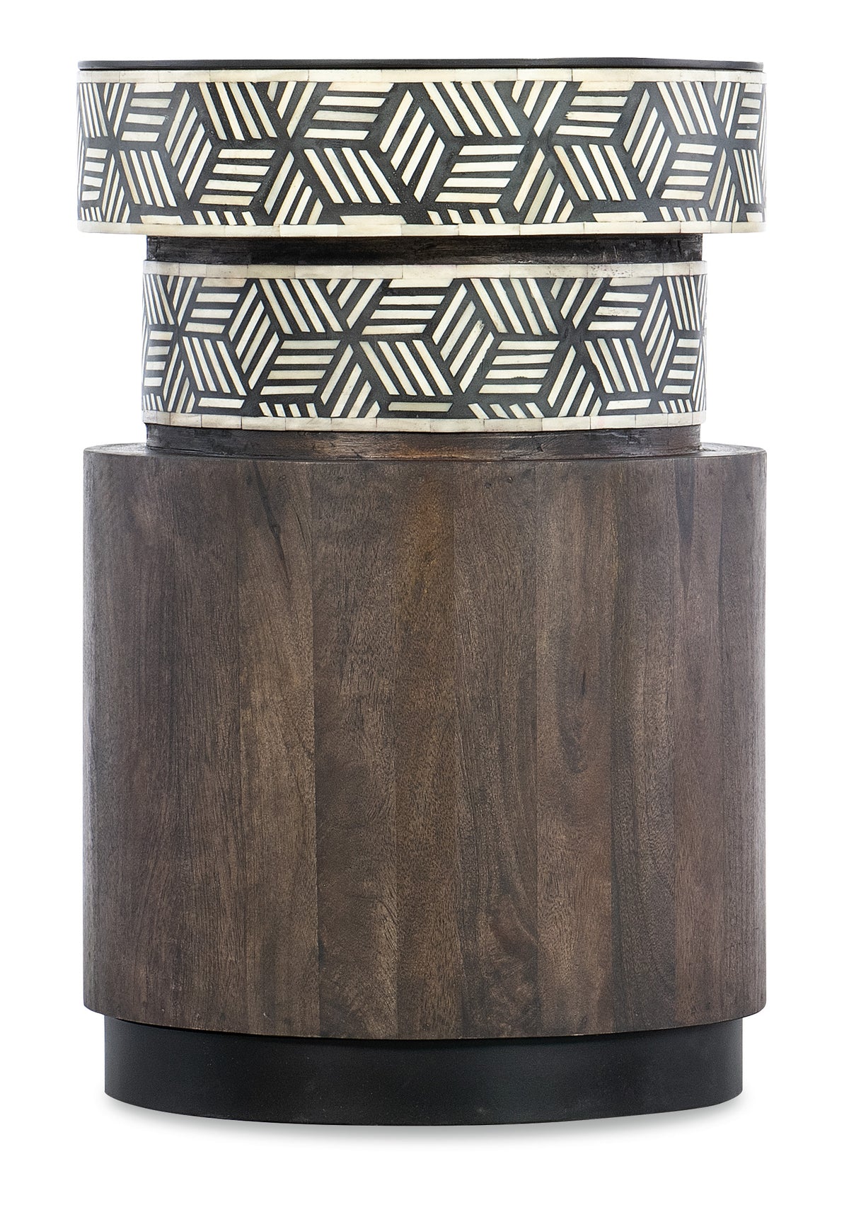 a wooden container with a white and black pattern