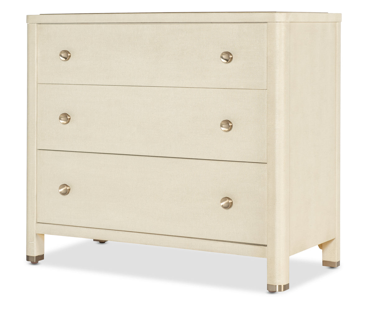 a white dresser with silver knobs