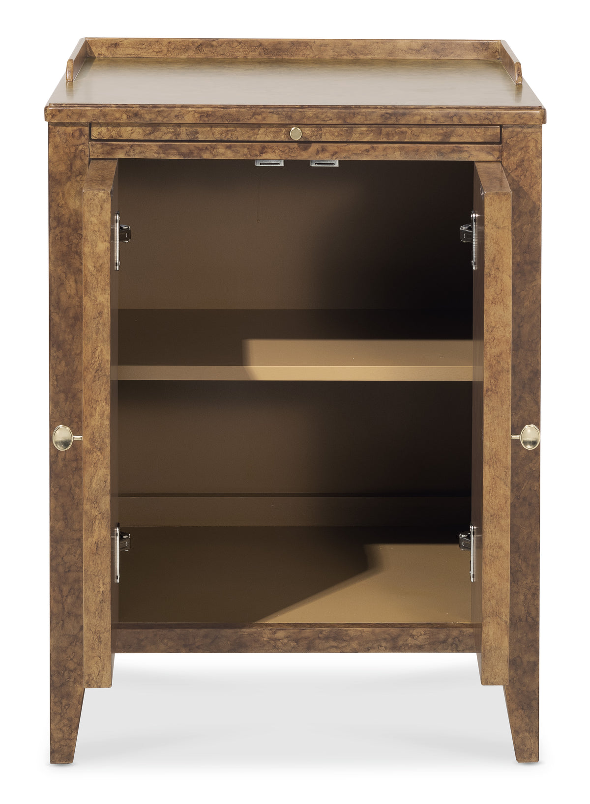 a brown cabinet with a glass door
