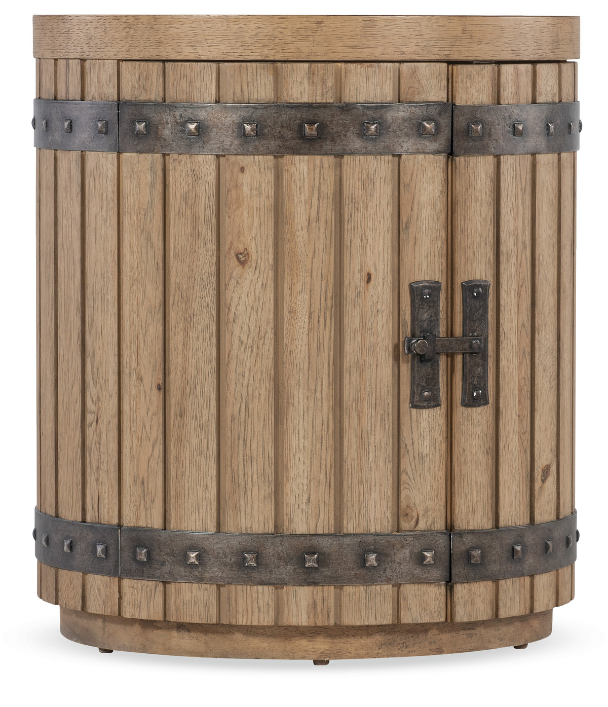 a wooden barrel with metal trim