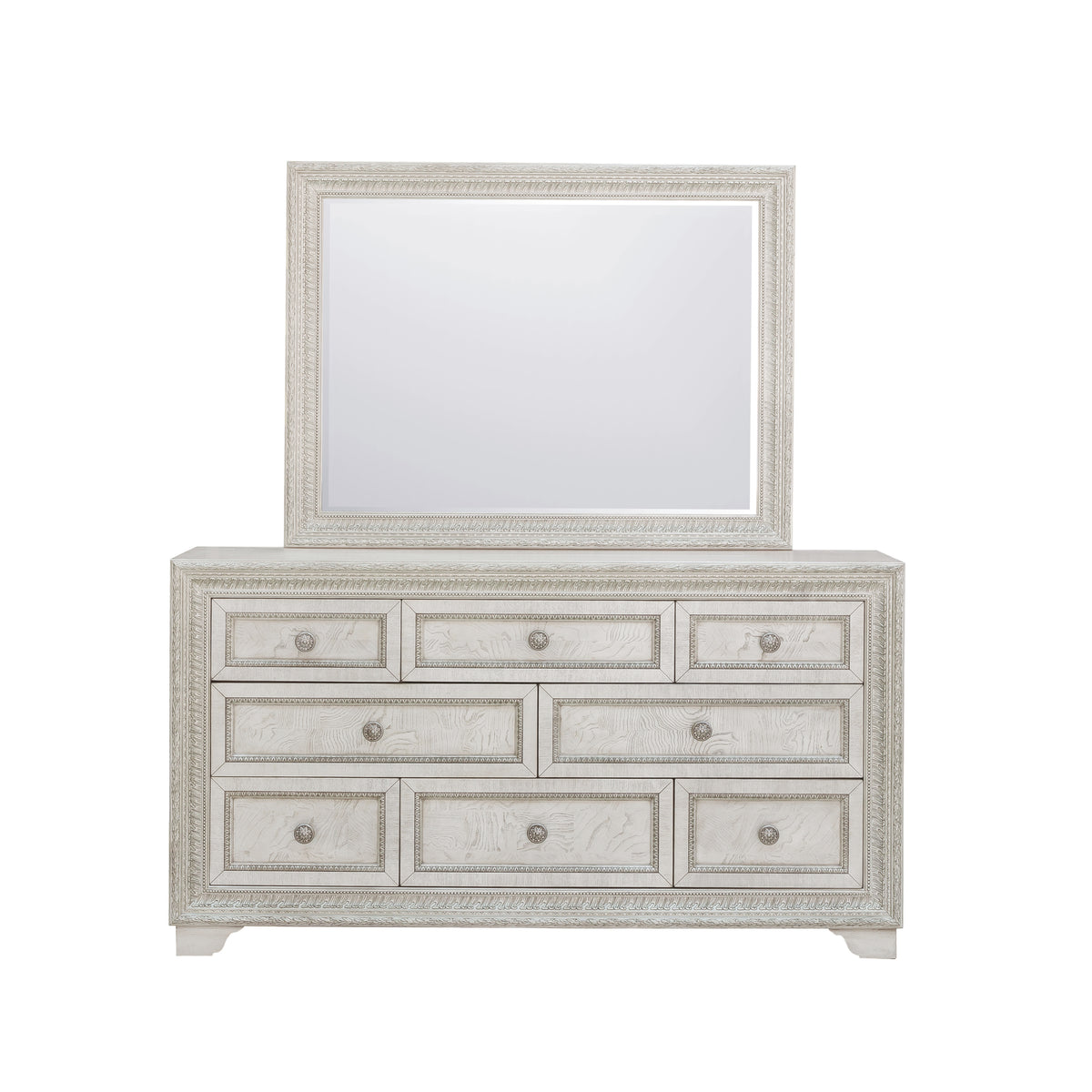 a white dresser with a mirror