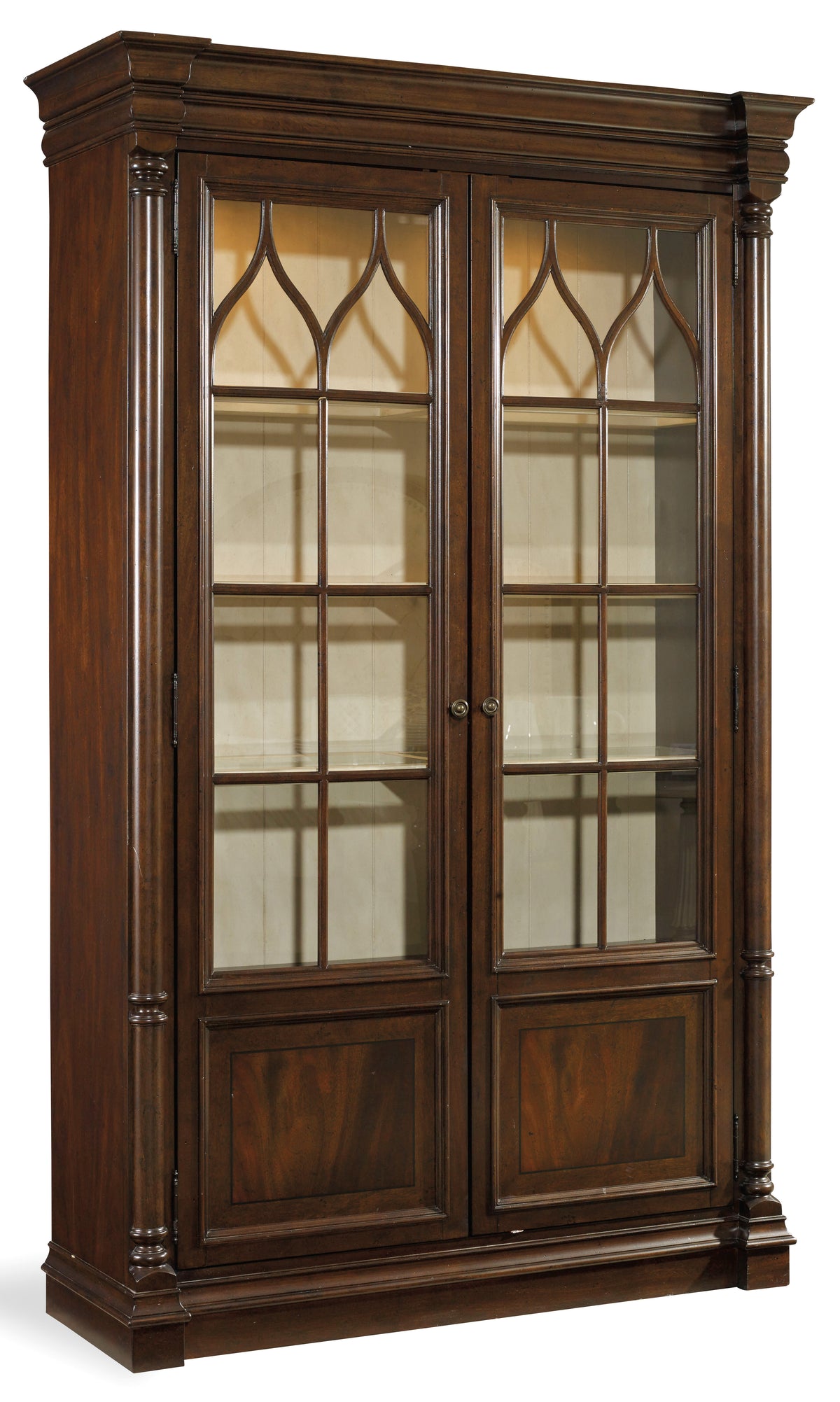 a wooden cabinet with glass doors