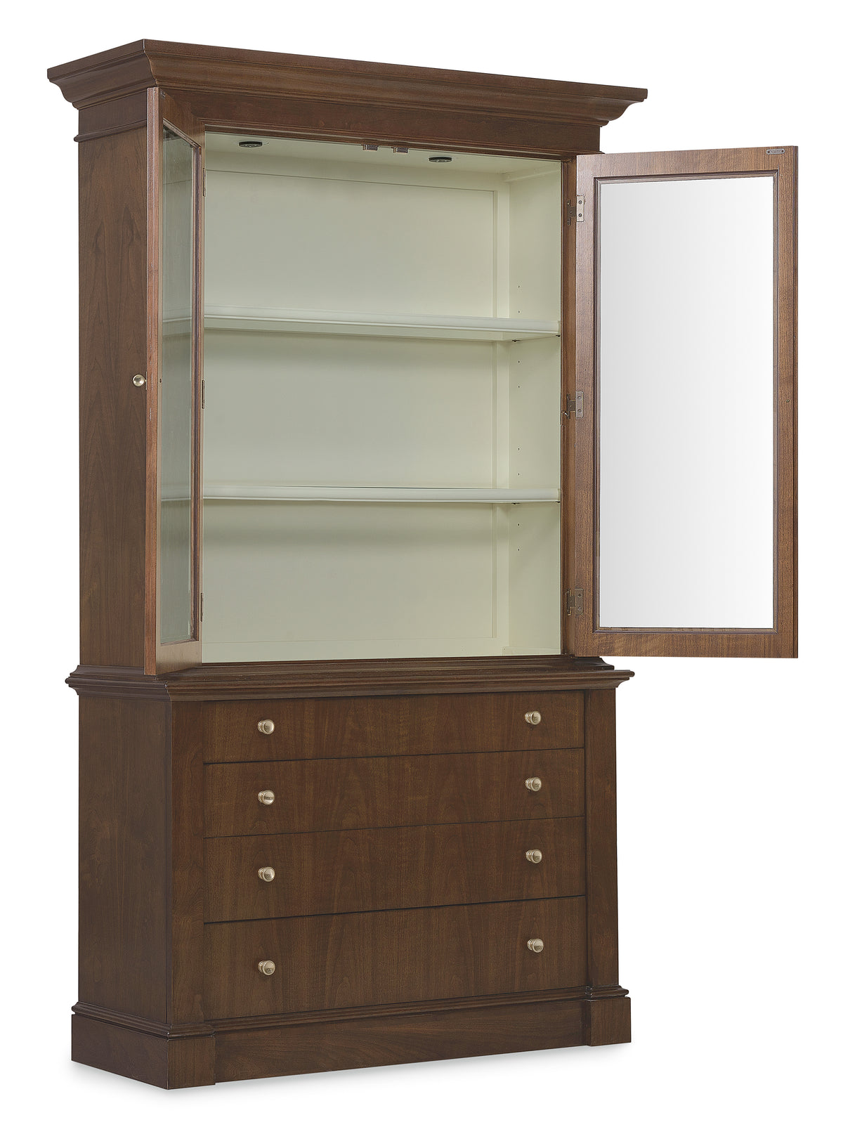 a wooden cabinet with a mirror