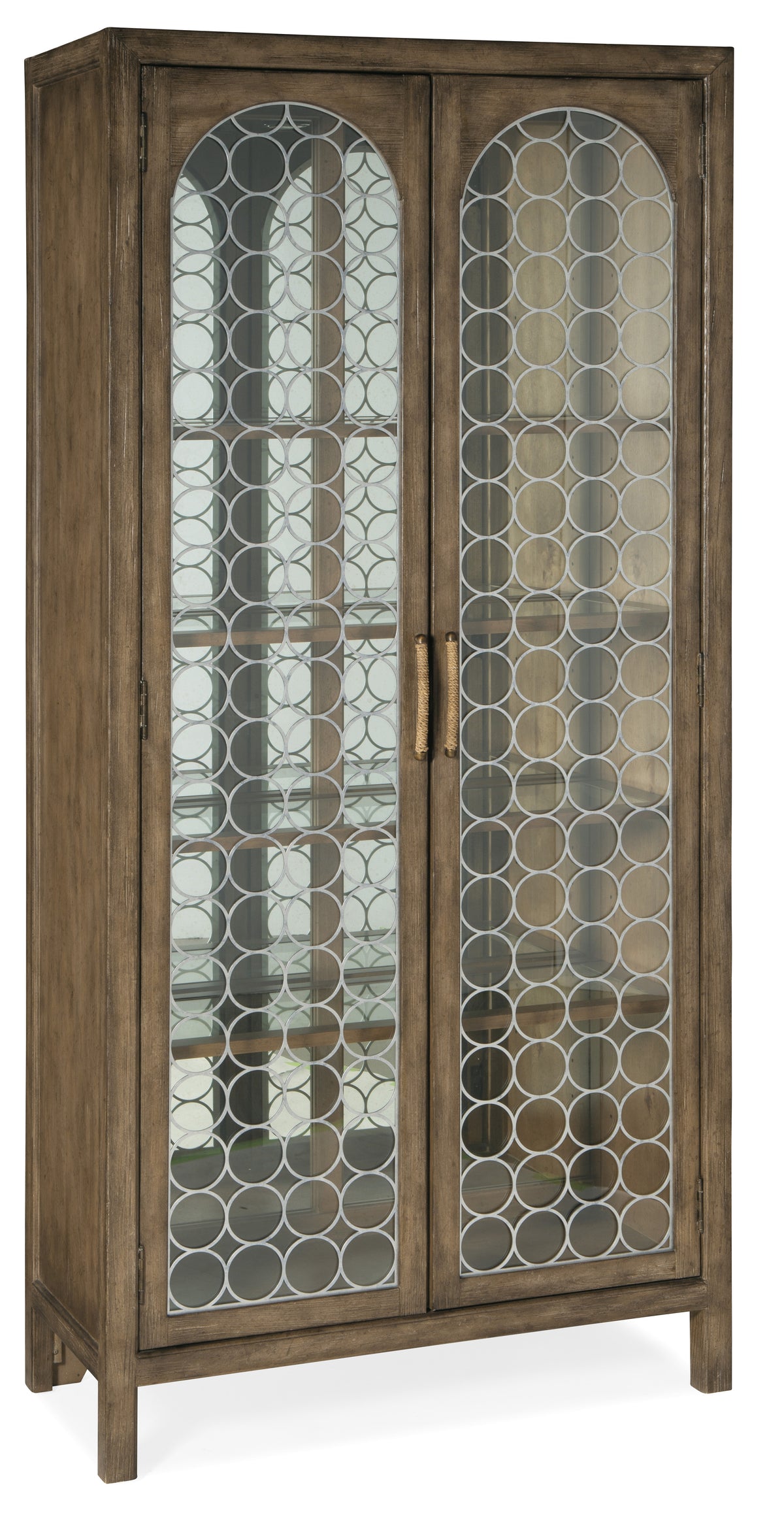 a wooden cabinet with glass doors