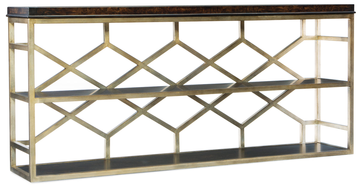 a metal shelf with a wood top