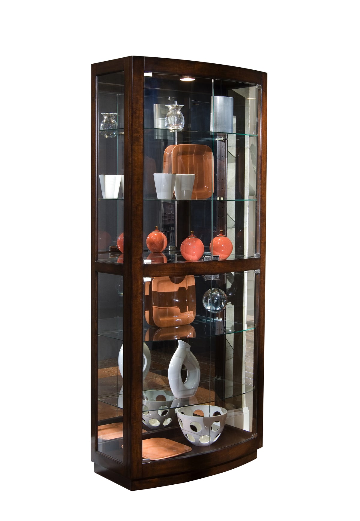 a glass cabinet with various objects on it