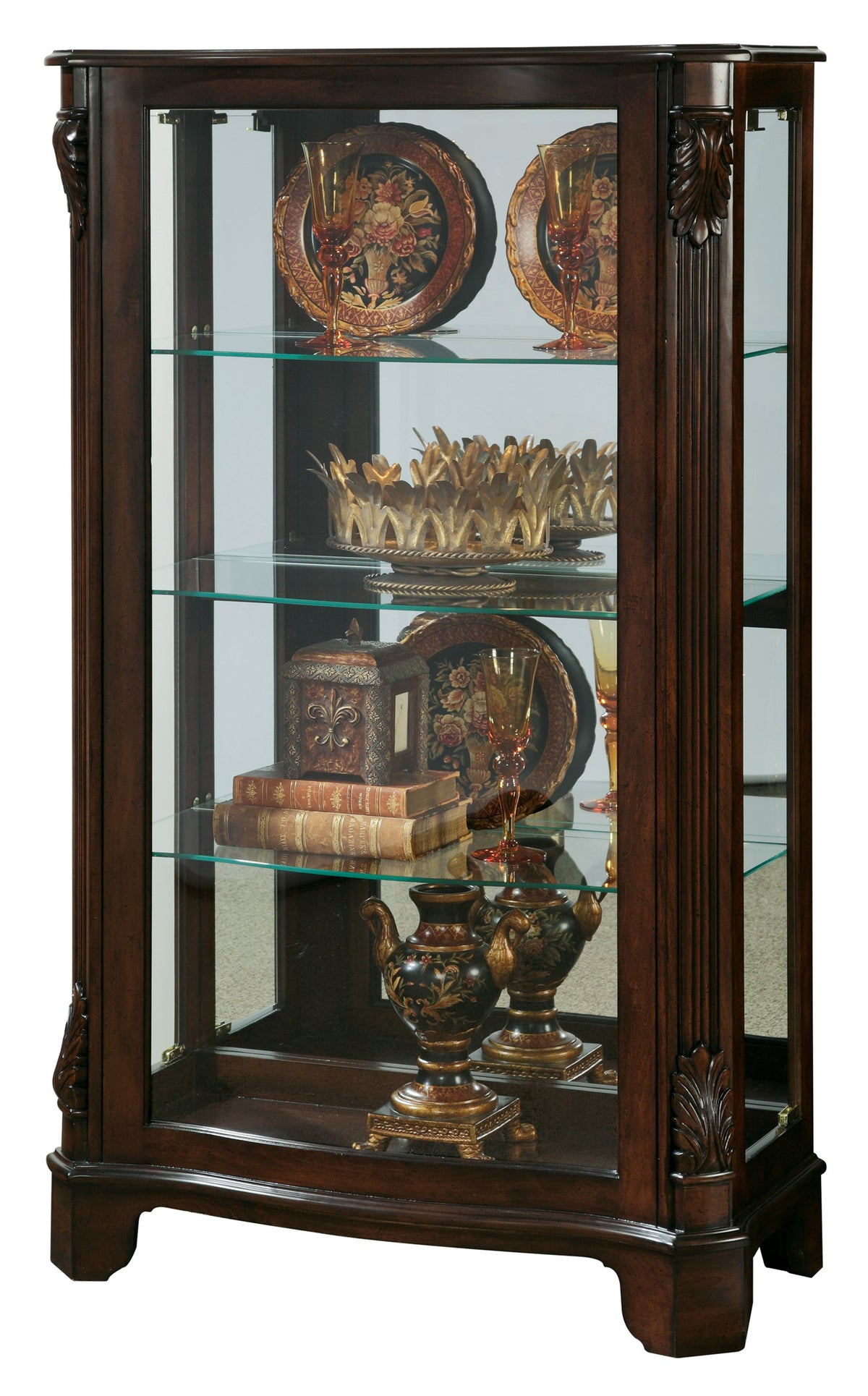 a glass cabinet with a variety of objects