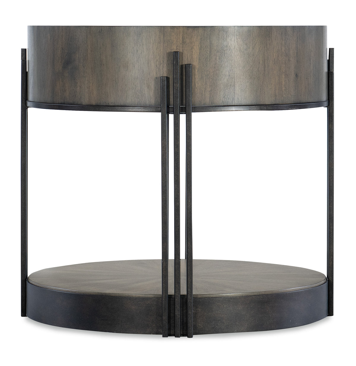 a round wooden shelf with metal legs