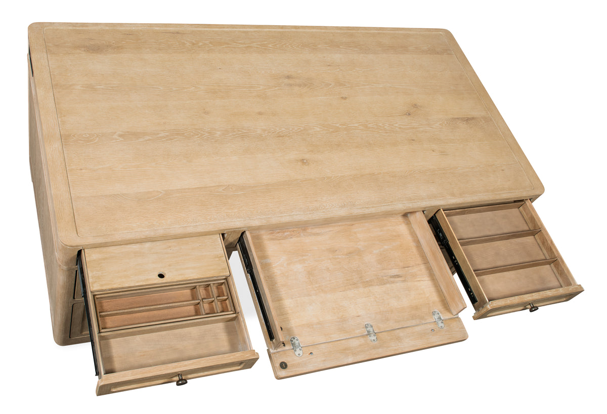 a wooden table with drawers