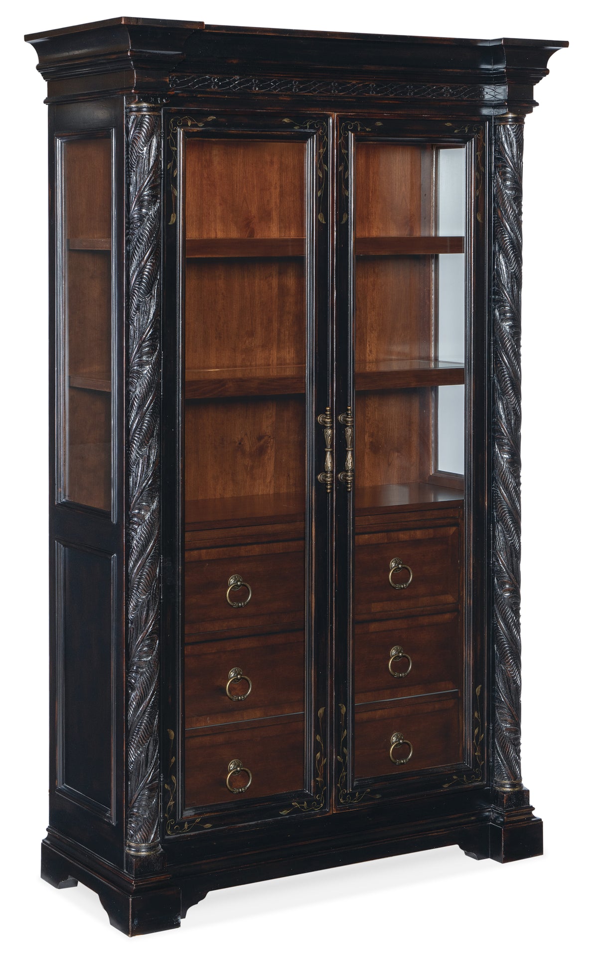 a wooden cabinet with glass doors