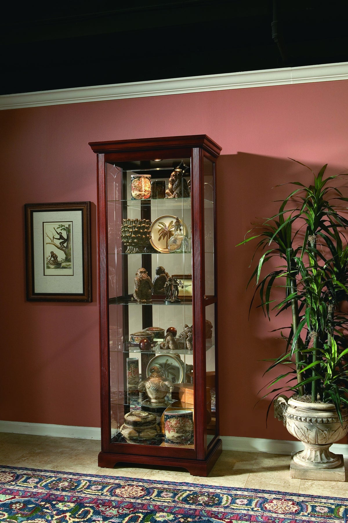 a glass cabinet with a plant in front of it