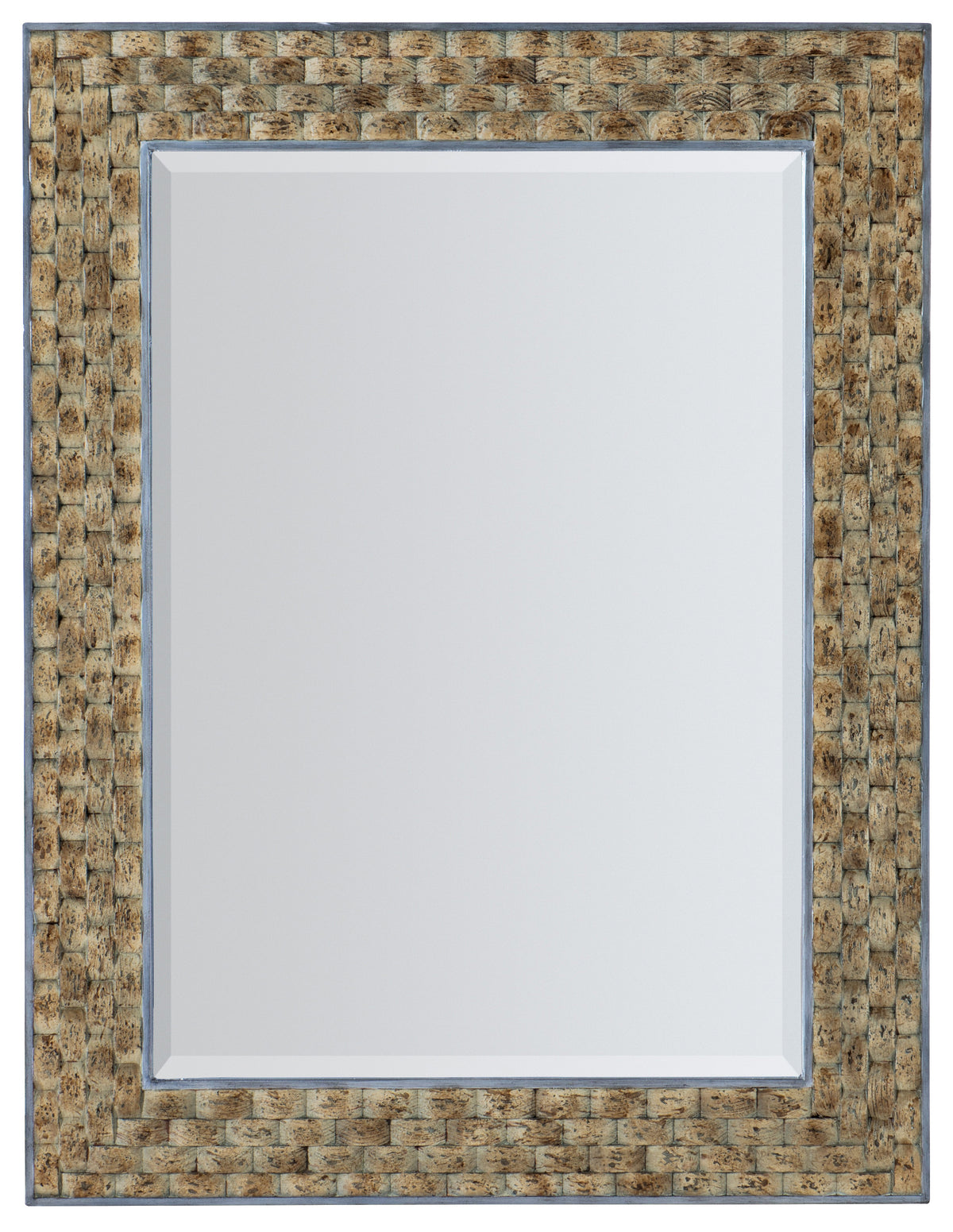 a rectangular mirror with a white and brown border