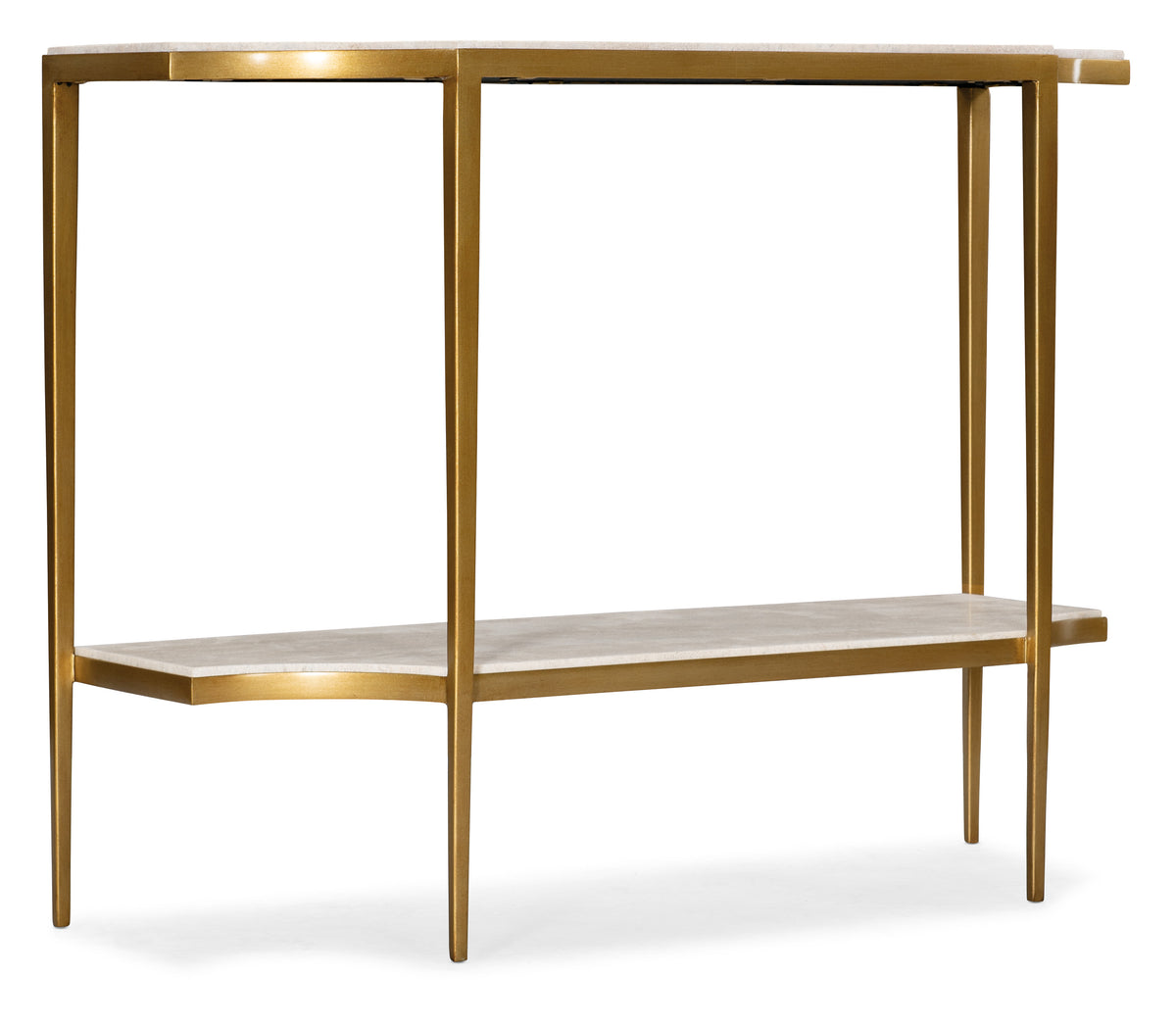 a gold table with a white shelf