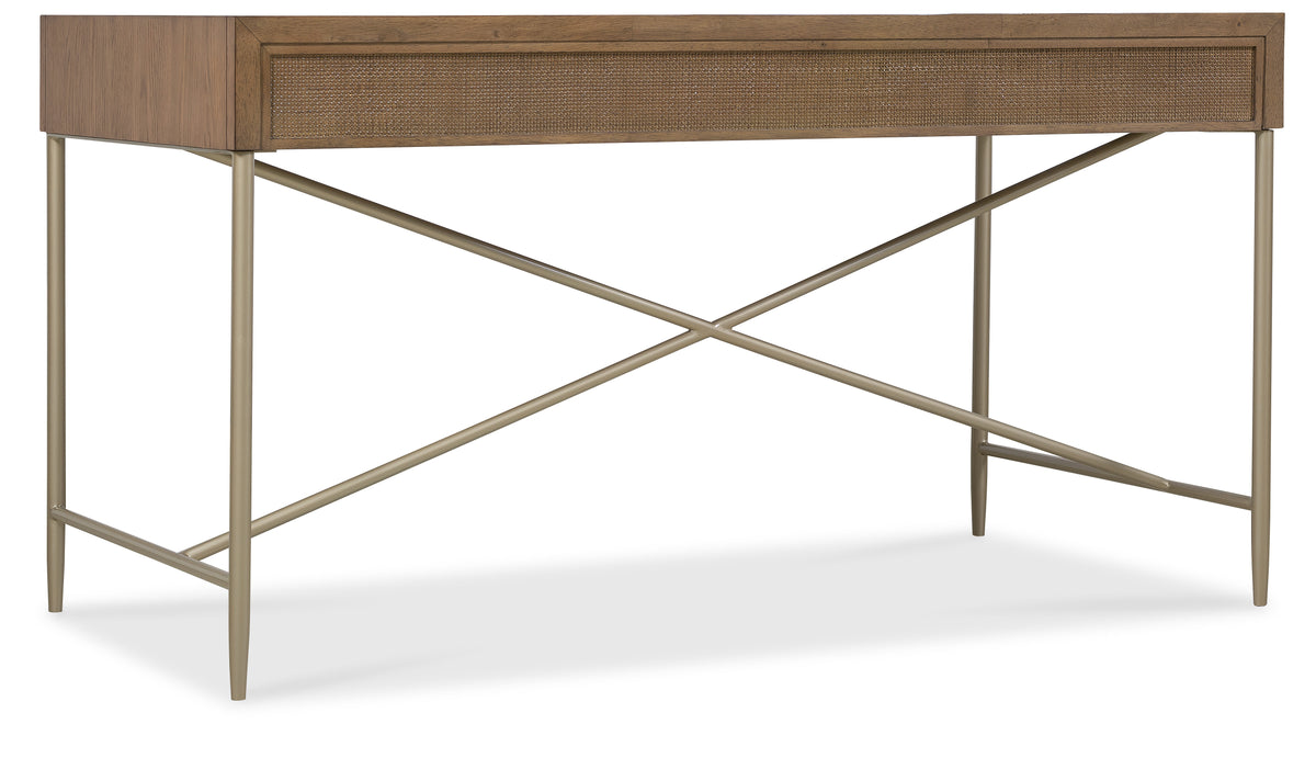 a brown table with a metal base
