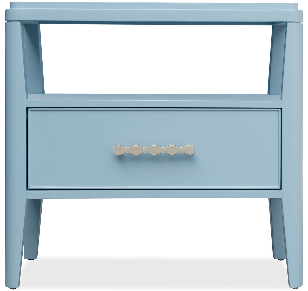 a blue nightstand with a silver handle