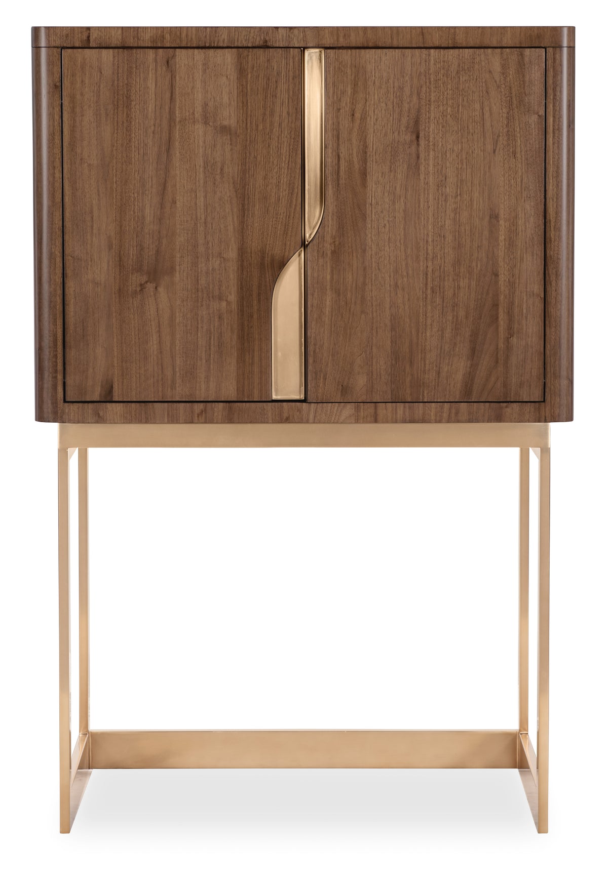 a wood cabinet with gold legs