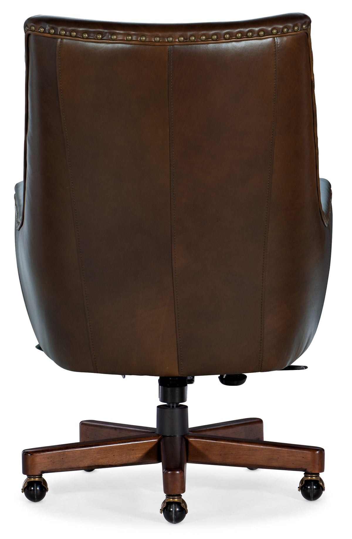 the back of a brown leather chair