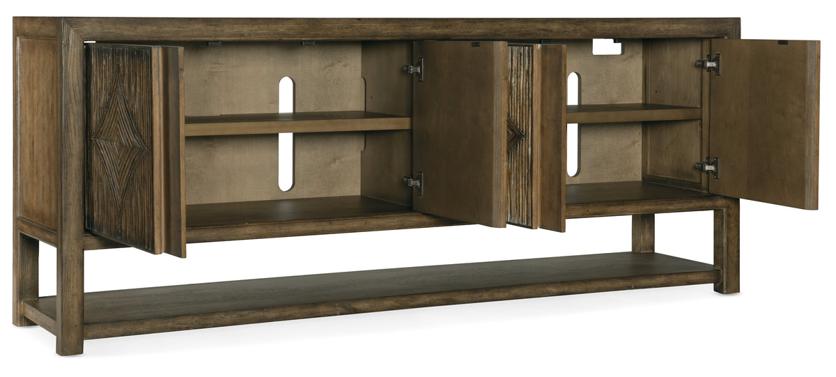 a wooden shelf with open doors