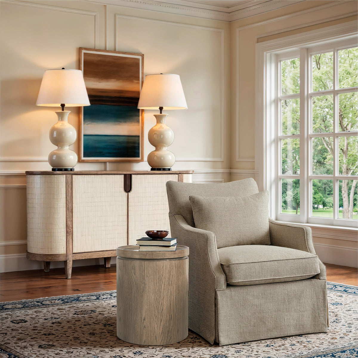 a room with a chair and a table