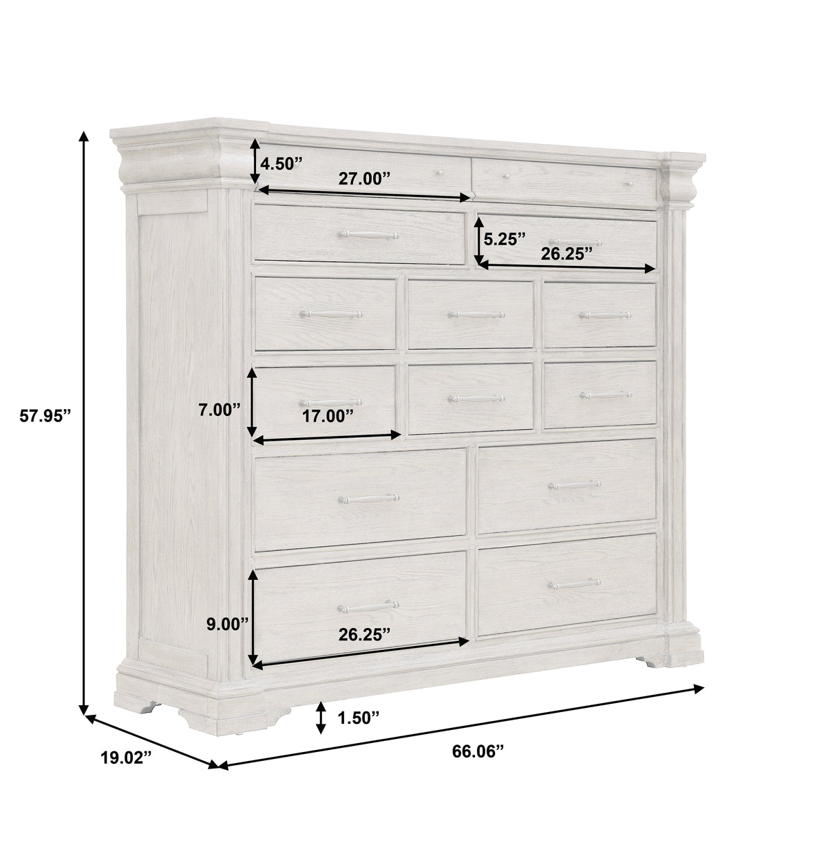 a white dresser with sizes and measurements