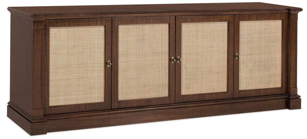 a brown cabinet with woven fabric doors