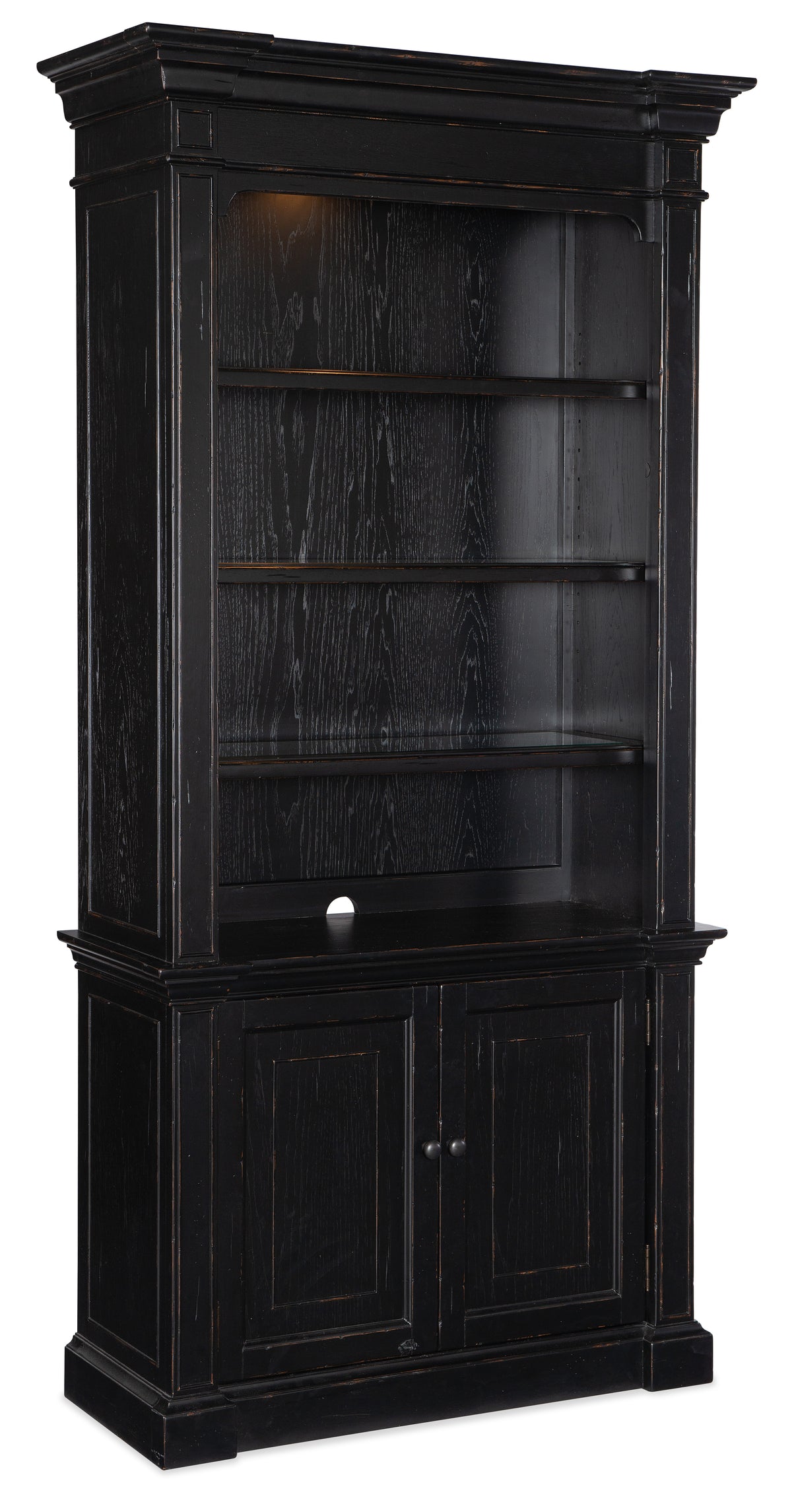 a black bookcase with two shelves