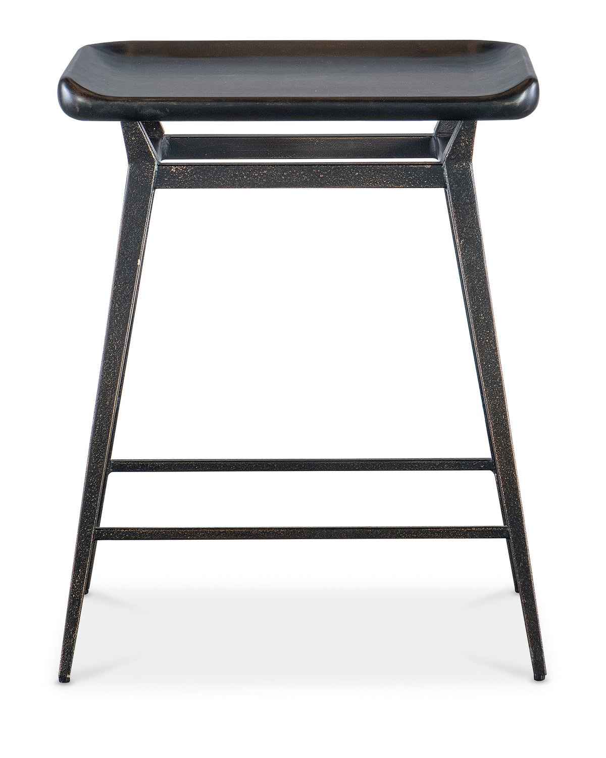 a black metal stool with a square top