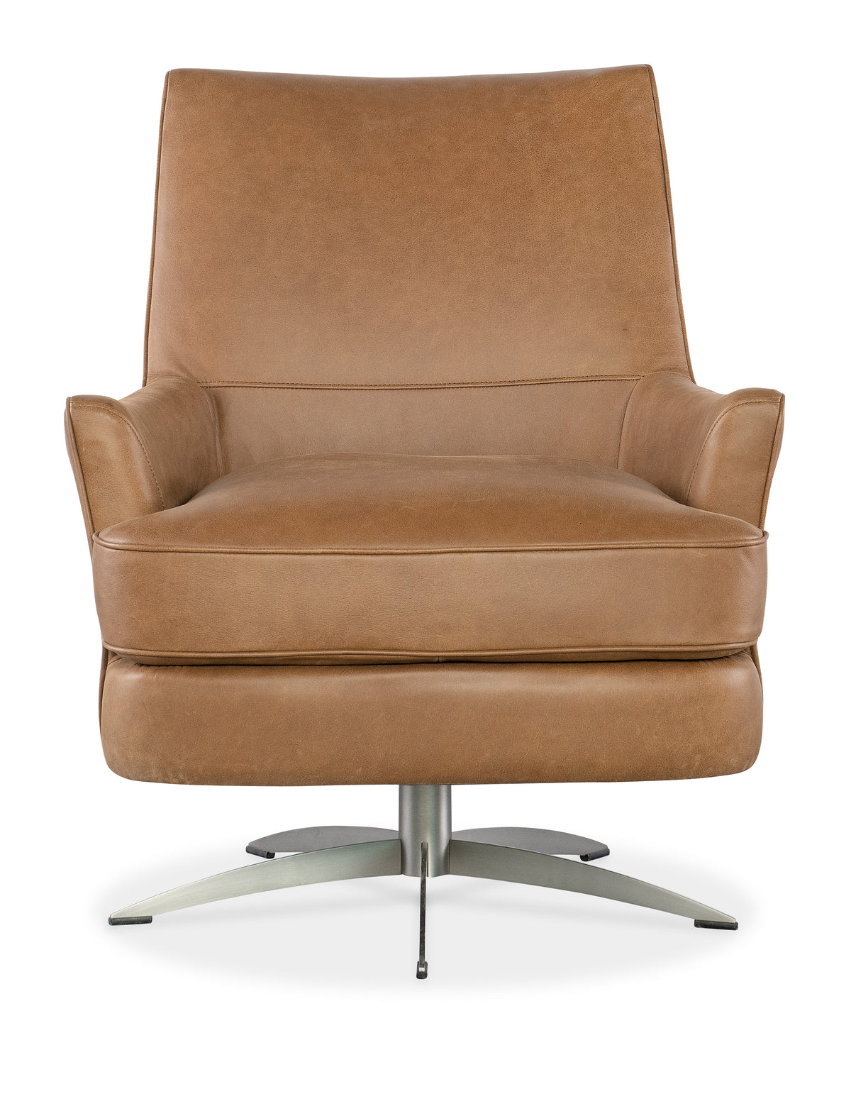 a brown leather chair with metal legs