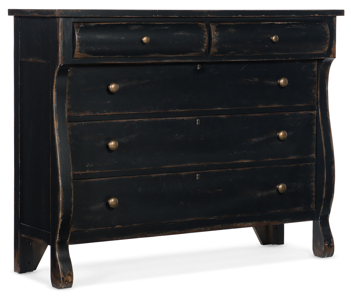 a black dresser with gold knobs
