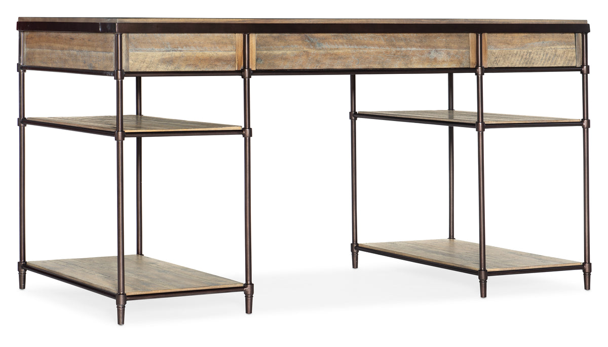a wooden desk with shelves