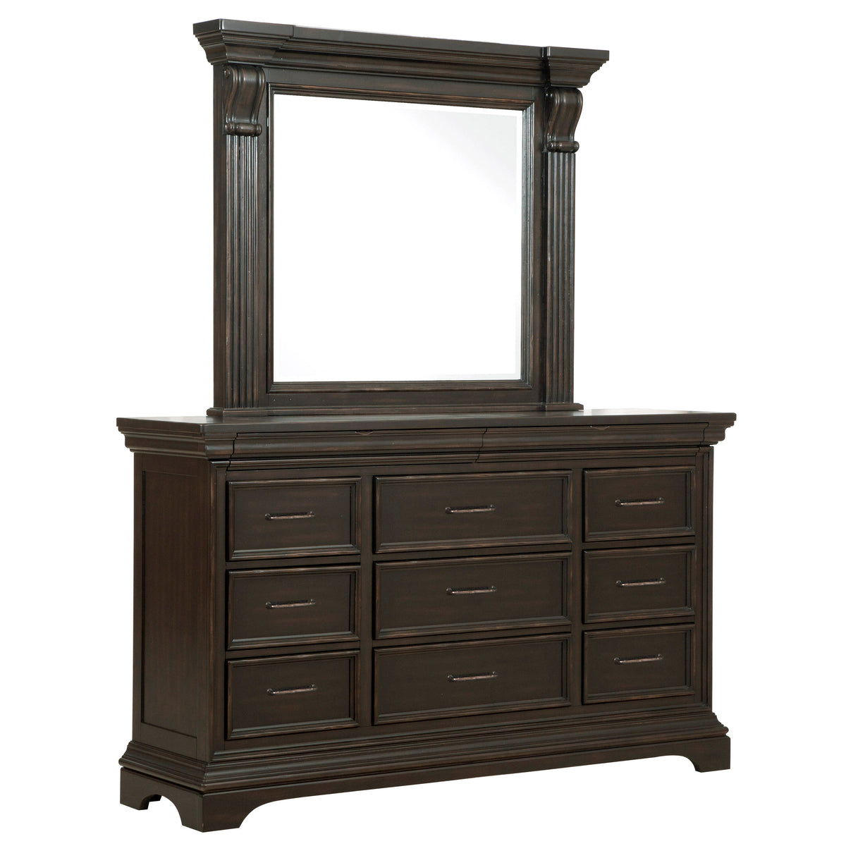 a dresser with a mirror