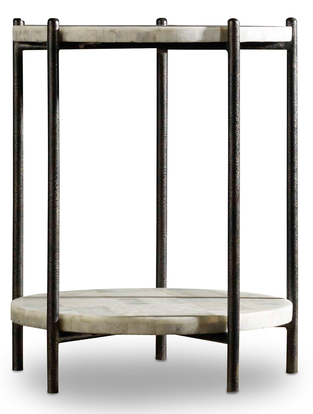 a round white table with black metal rods