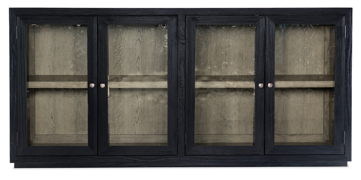 a black cabinet with glass doors