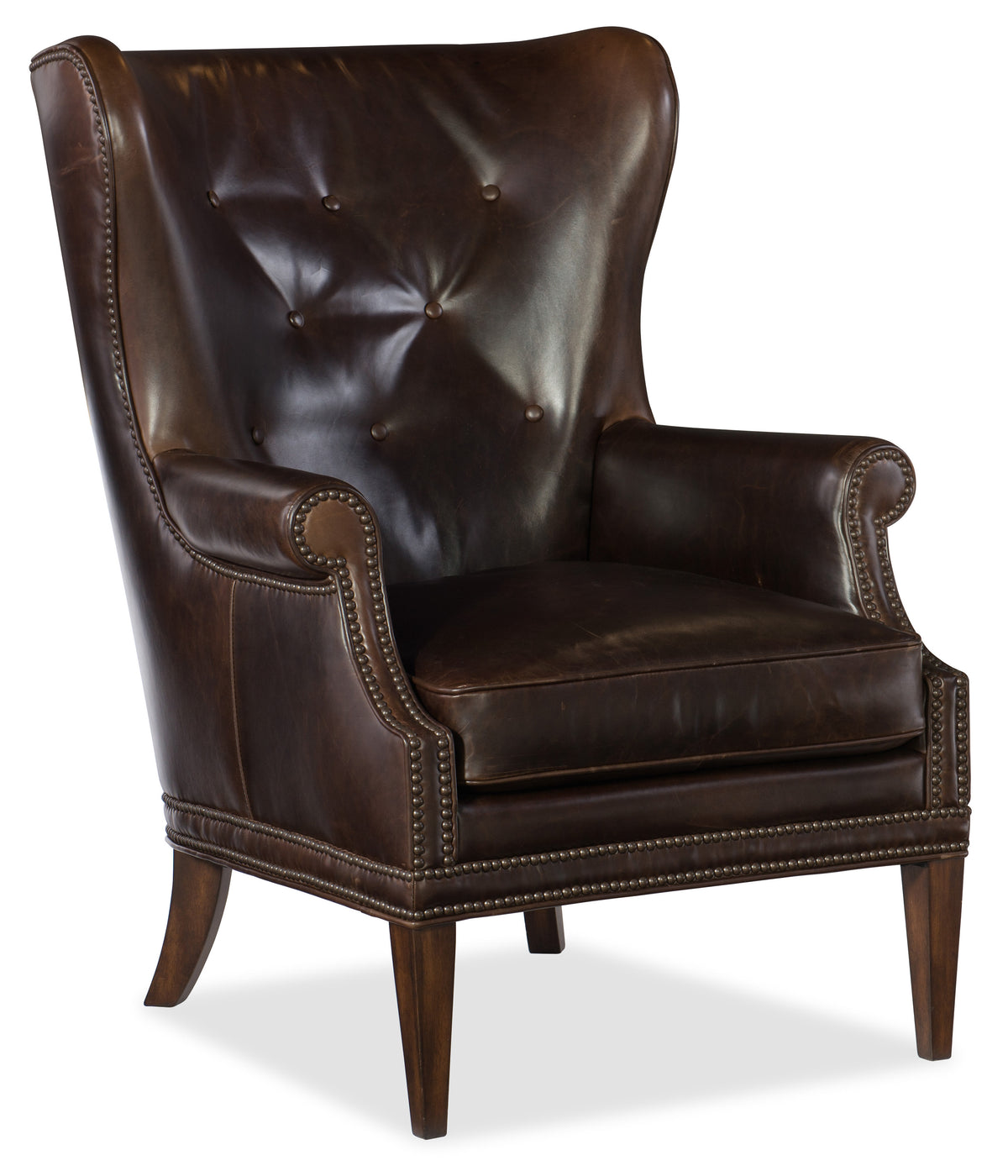 a brown leather chair with buttons