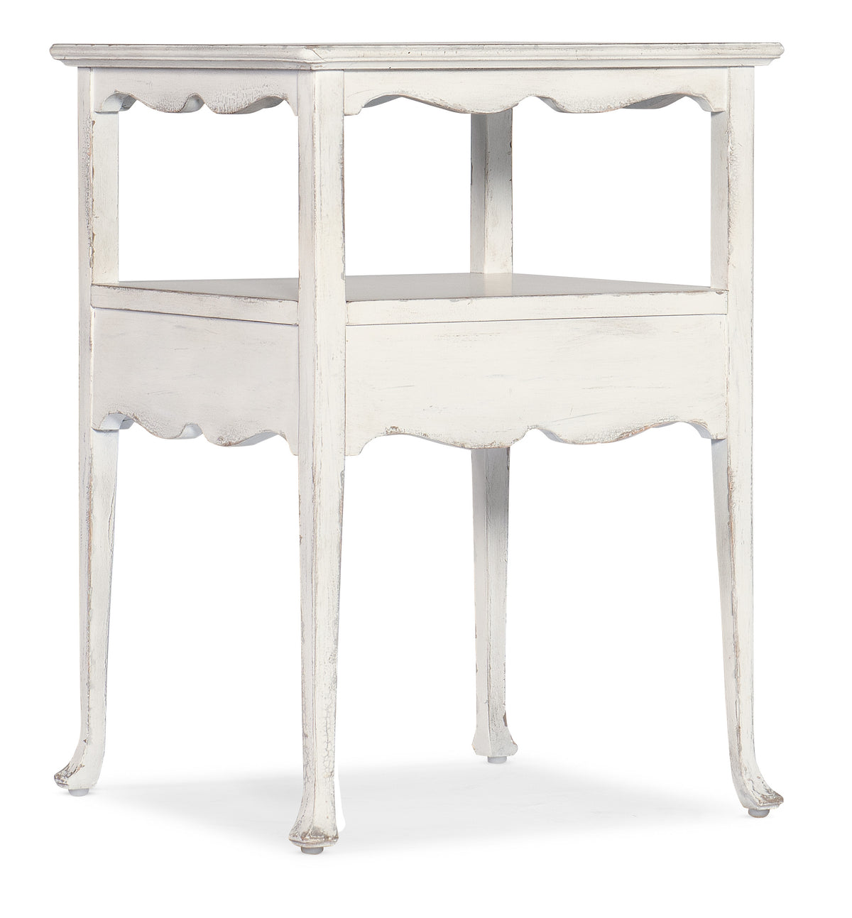 a white table with a shelf