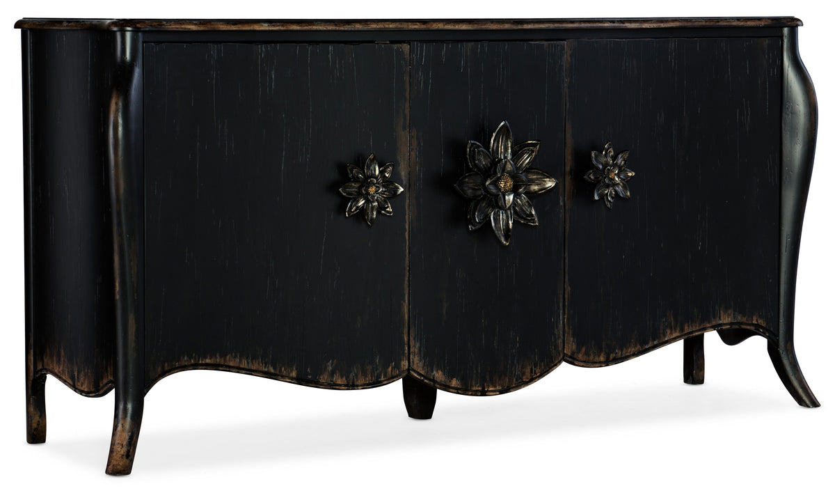 a black cabinet with flowers on it