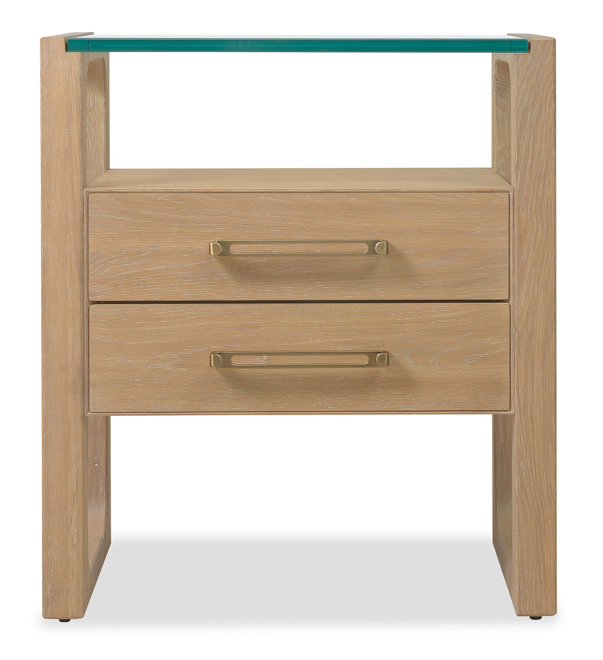 a wooden nightstand with a glass top