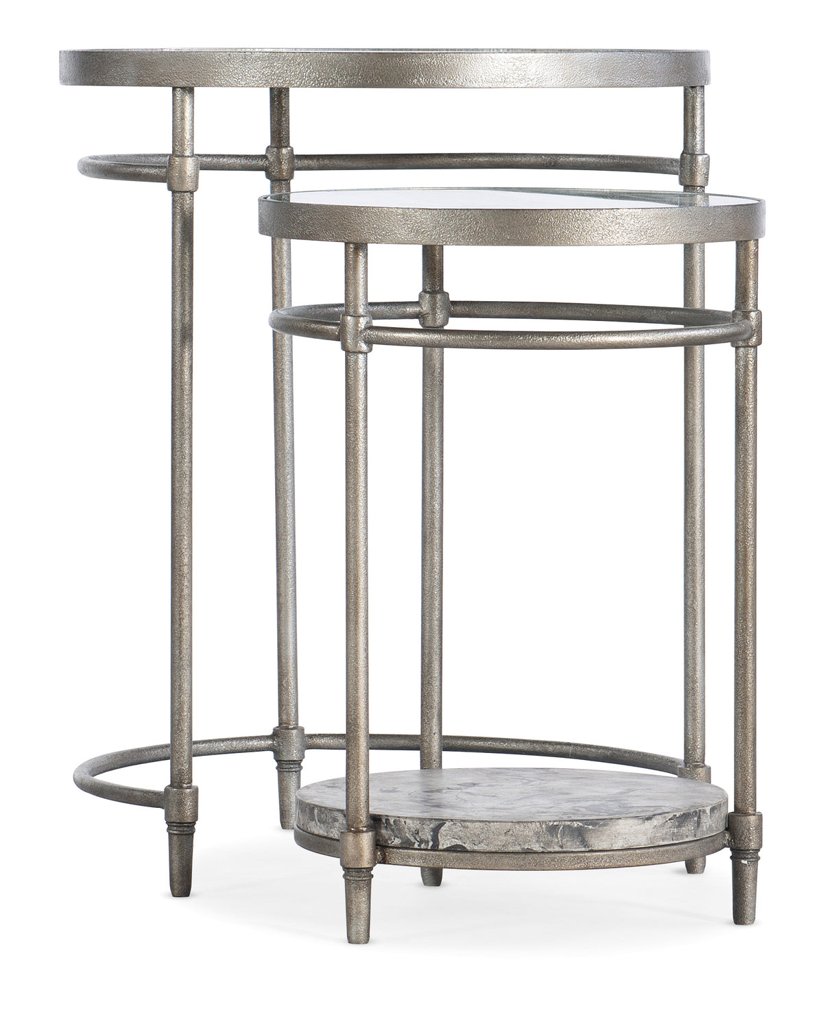 a round metal table with a round shelf