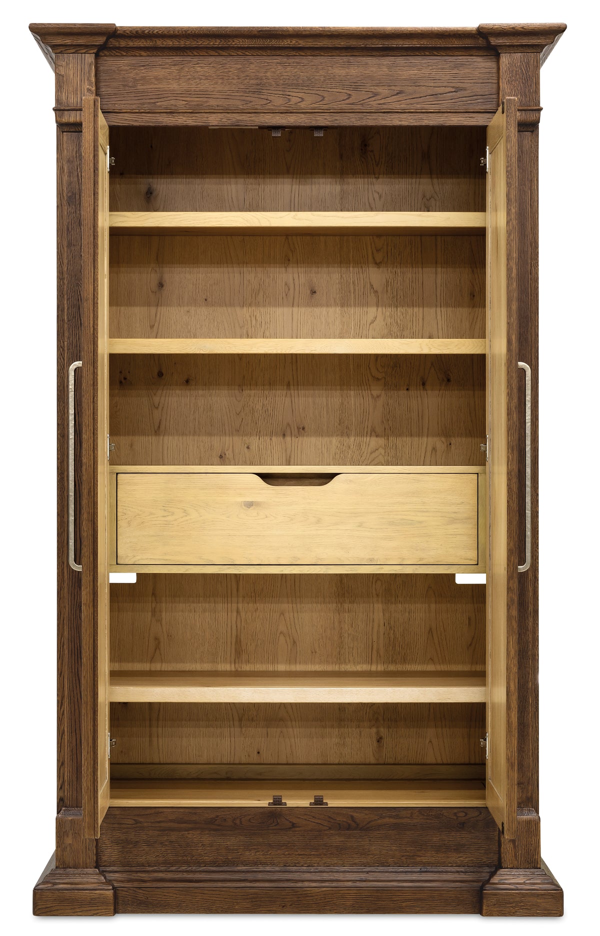 a wooden shelf with a drawer