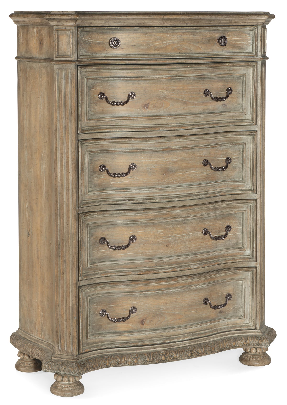 a wooden dresser with black handles