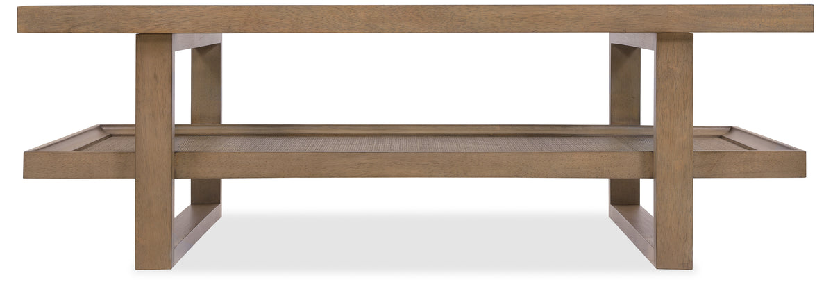 a brown wood table with a rectangular shelf
