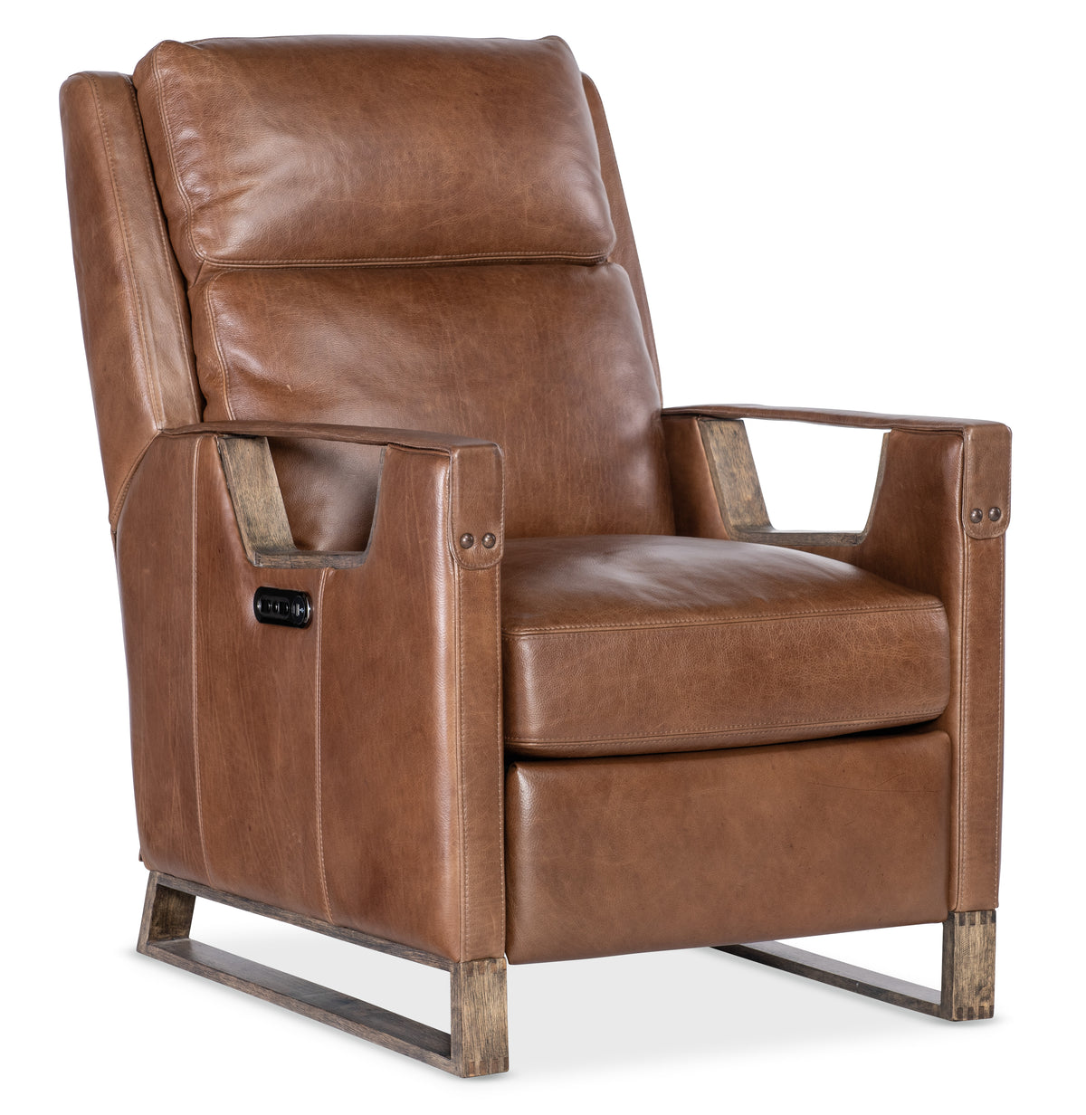 a brown leather chair with metal legs