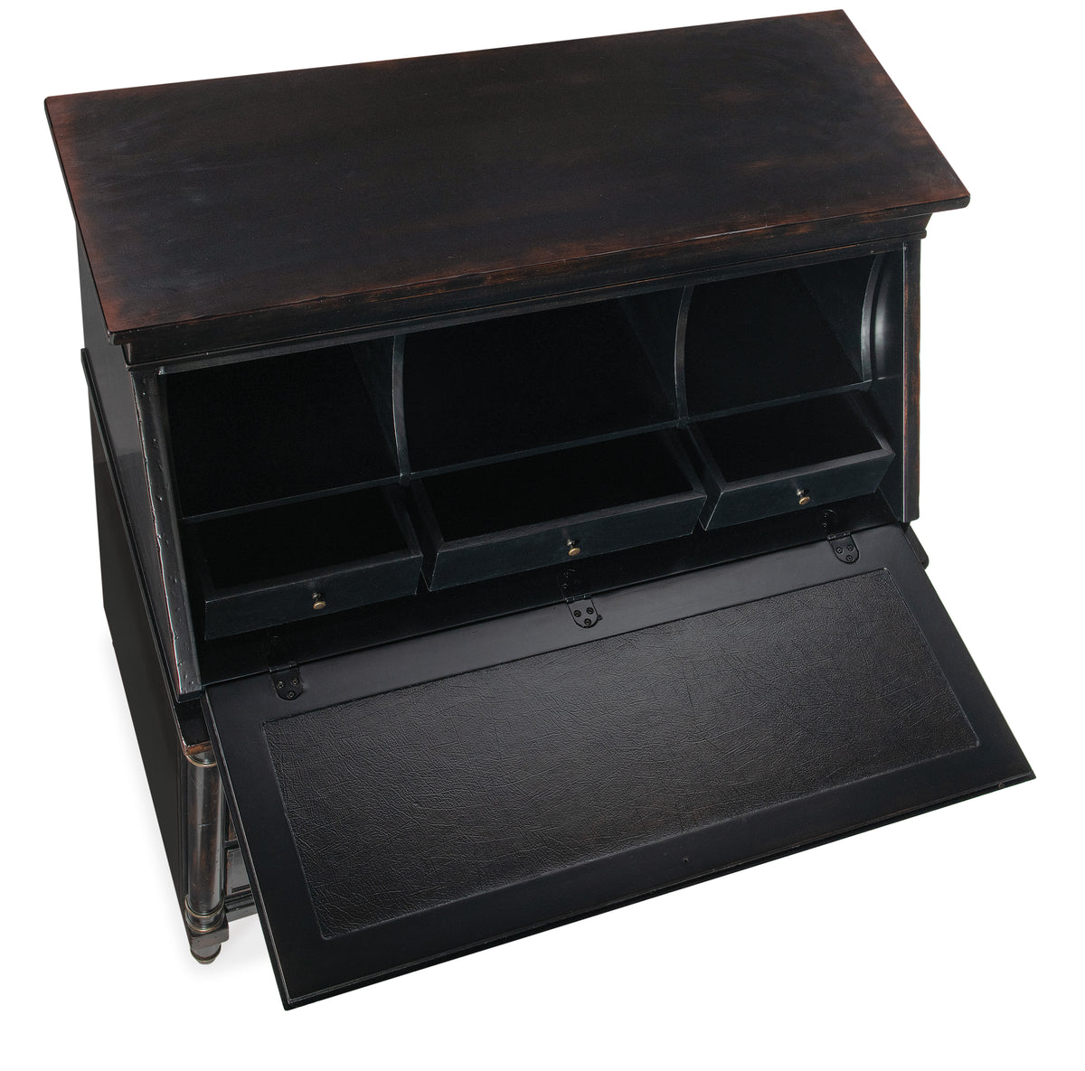 a black cabinet with open shelves