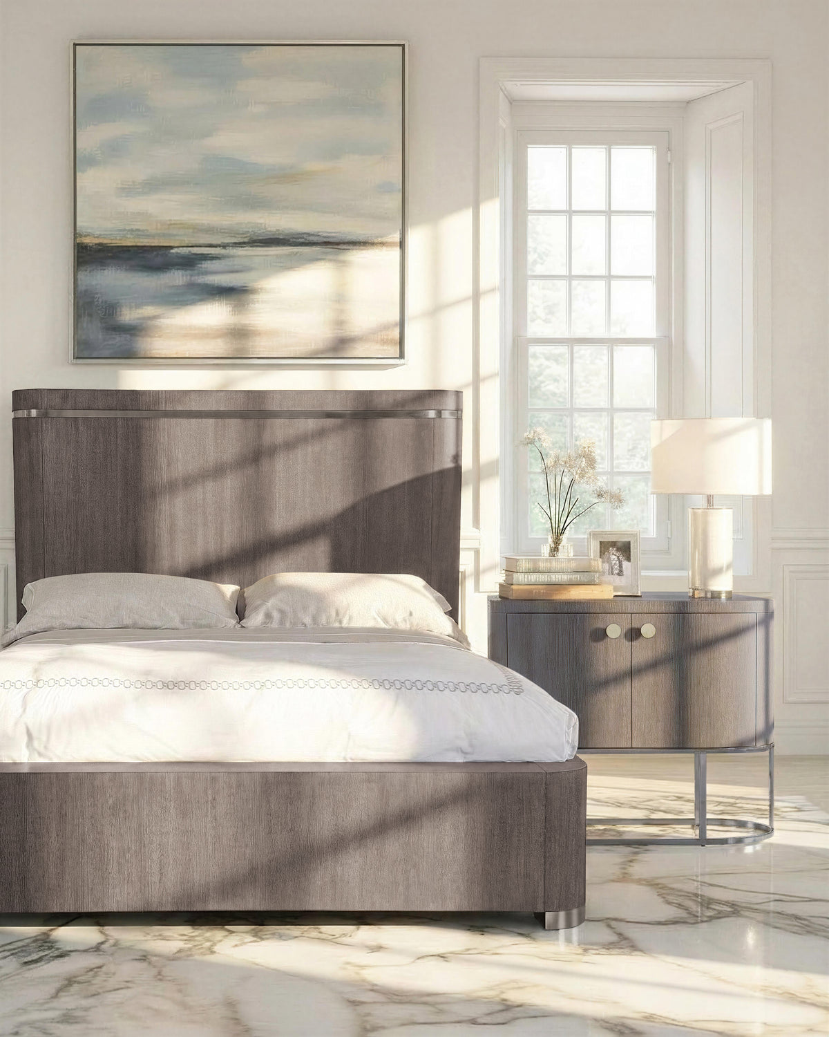 a bedroom with a bed and a table